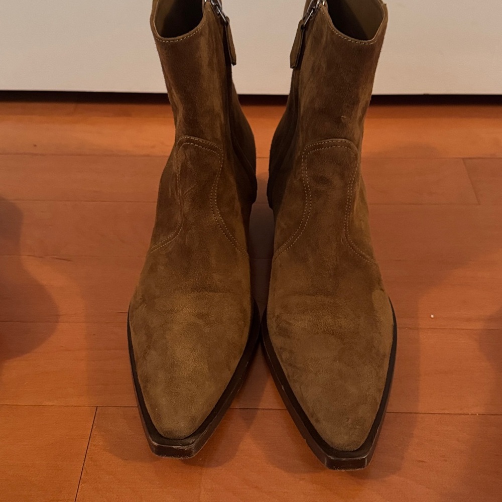 Brown Suede Ankle Boots. Designer Prada